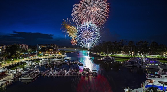 view of fireworks at Harbourfest over Shelter Cove Marina from private balcony of a vacation rental